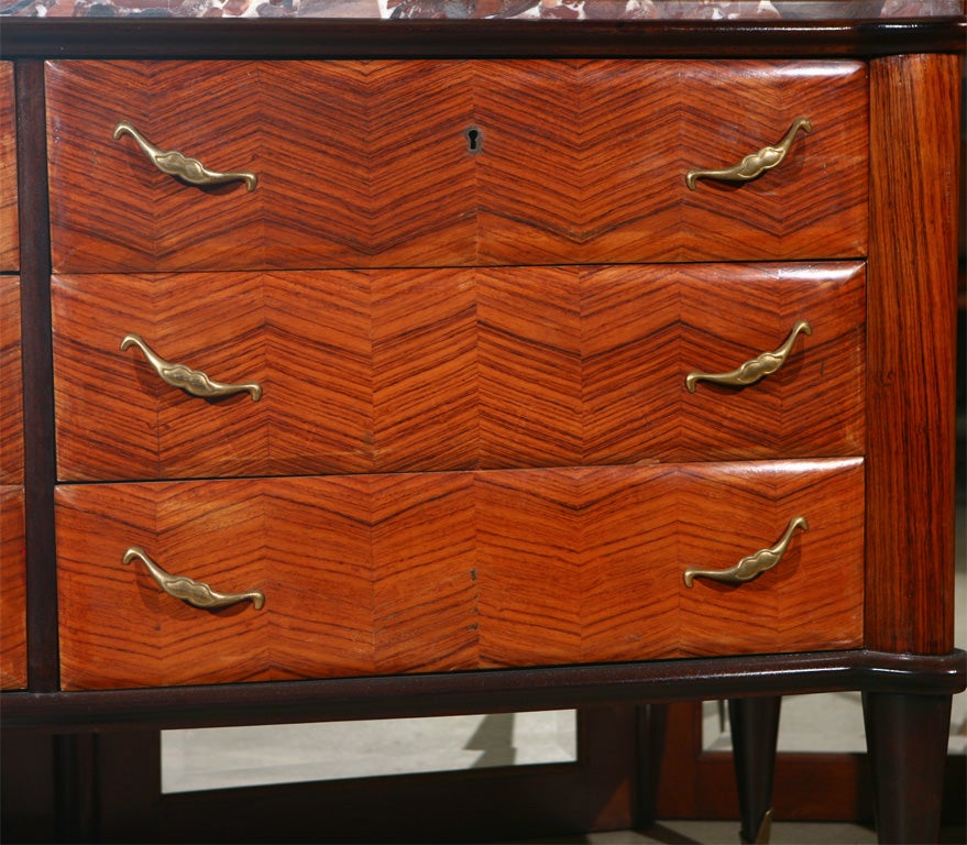 French 1940s parquetry marble-top dresser.