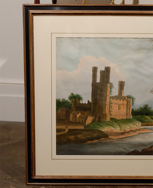 Anglais Paire de paysages à l'aquarelle anglaises avec châteaux gothiques sur une rive en vente