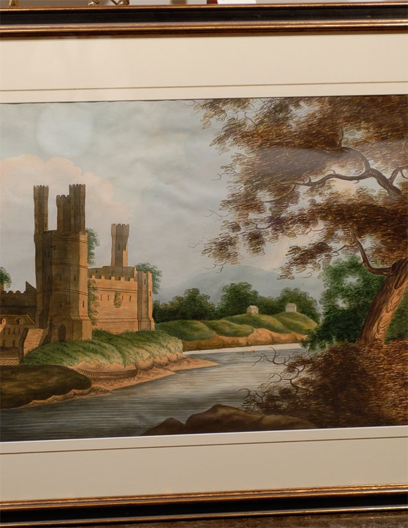 Pair of English Watercolor Landscapes with Gothic Castles on a River Bank In Good Condition For Sale In Atlanta, GA
