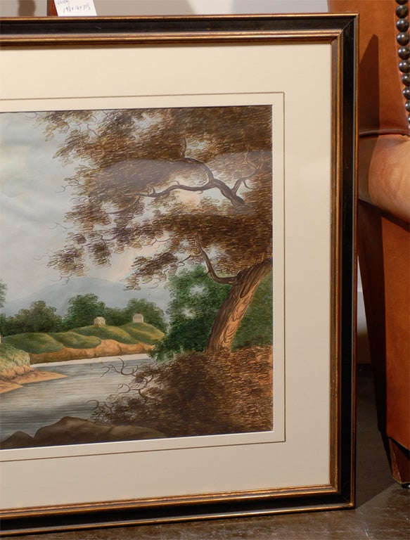 19th Century Pair of English Watercolor Landscapes with Gothic Castles on a River Bank For Sale