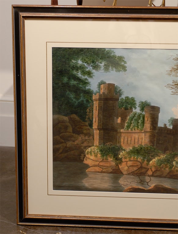 Pair of English Watercolor Landscapes with Gothic Castles on a River Bank For Sale 1
