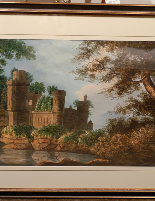 Paire de paysages à l'aquarelle anglaises avec châteaux gothiques sur une rive en vente 2