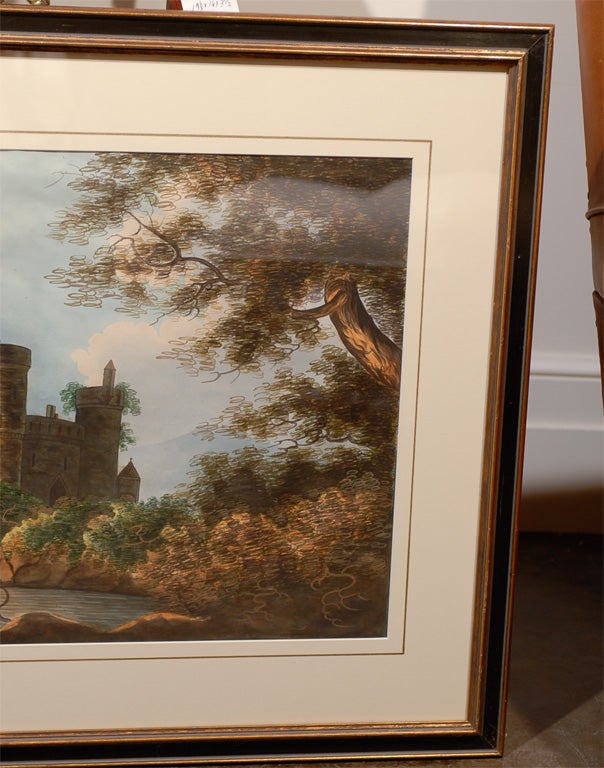 Pair of English Watercolor Landscapes with Gothic Castles on a River Bank For Sale 3