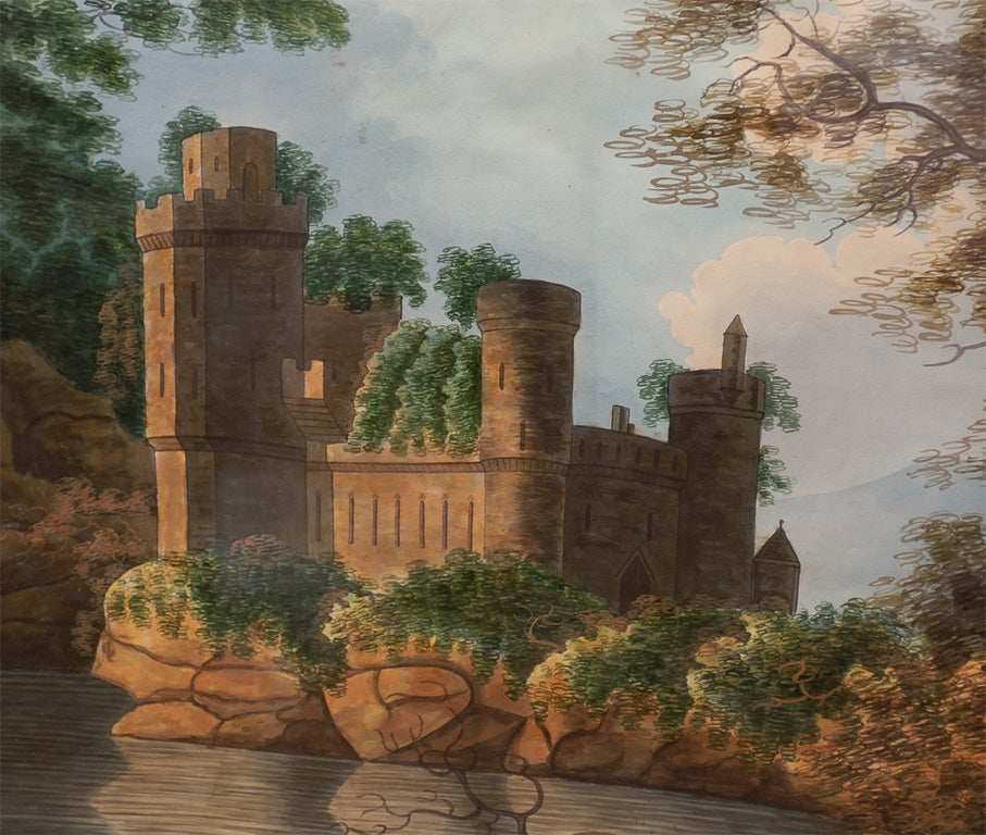 Paire de paysages à l'aquarelle anglaises avec châteaux gothiques sur une rive en vente 4