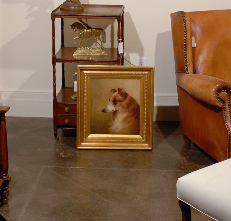 A 19th century painting of a Rough Collie by Victorian artist George Washington Brownlow (1835-1876), mostly renowned for his Irish rural interiors. Framed in a rectangular molded giltwood frame, this oil on board presents a half-length profile