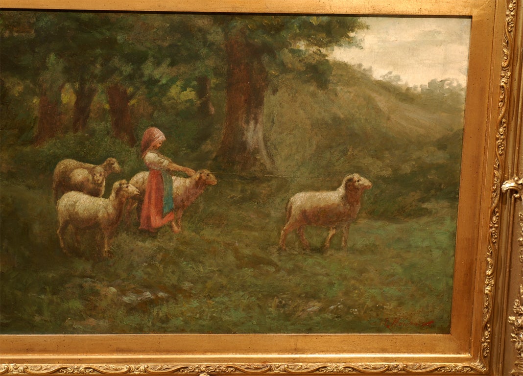 Large Antique Oil Painting of Sheep and Shepherdess in Antique Gilt Frame In Excellent Condition In Atlanta, GA