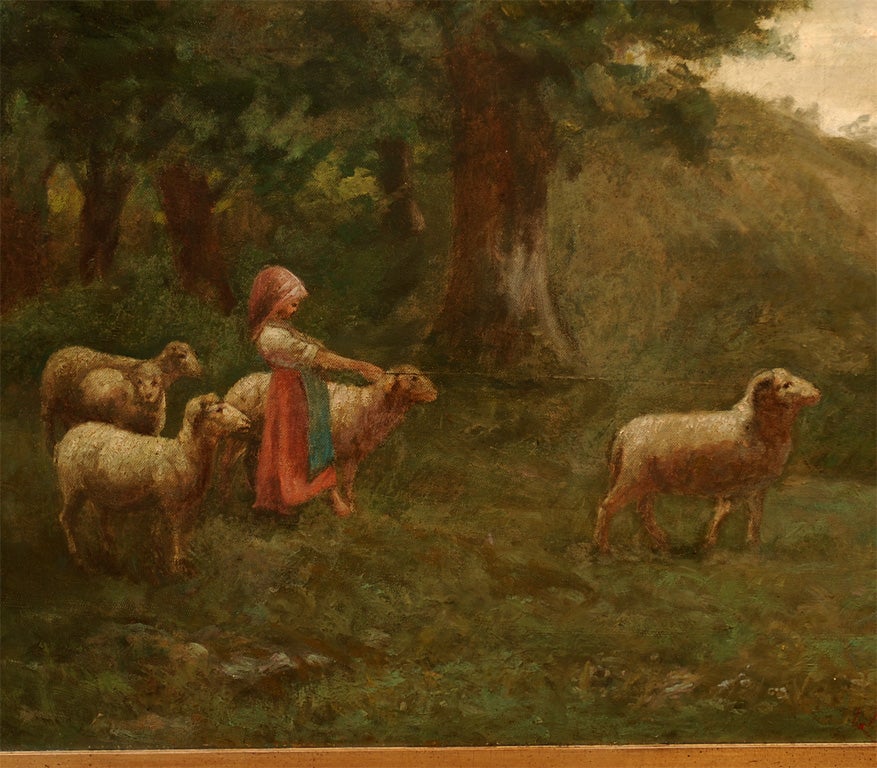 20th Century Large Antique Oil Painting of Sheep and Shepherdess in Antique Gilt Frame