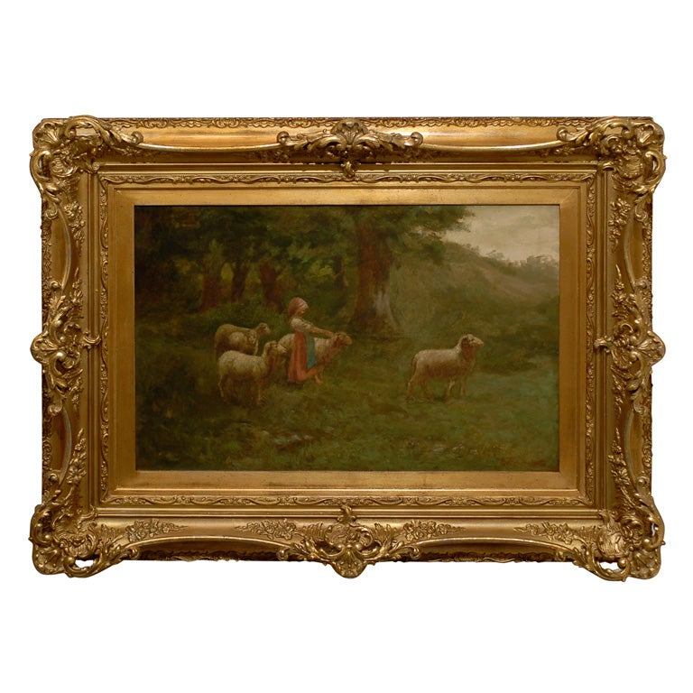 Large Antique Oil Painting of Sheep and Shepherdess in Antique Gilt Frame