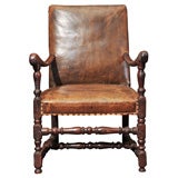 Leather and Walnut Open Arm Chair