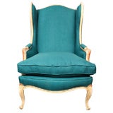 French Teal Linen Wingback Chair