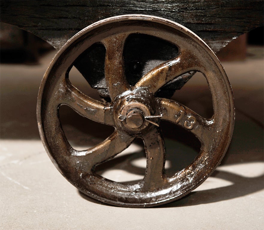 19th Century INDUSTRIAL LARGE CART ON WHEELS WITH ANTIQUE WOOD TOP
