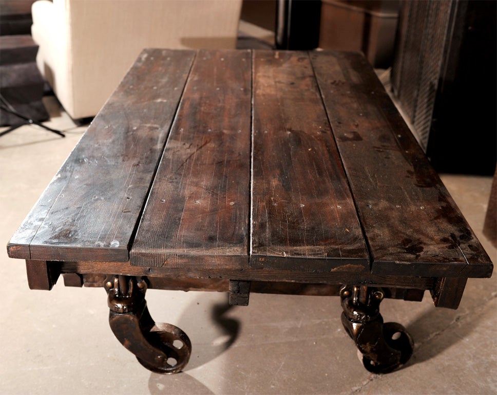INDUSTRIAL LARGE CART ON WHEELS WITH ANTIQUE WOOD TOP 3