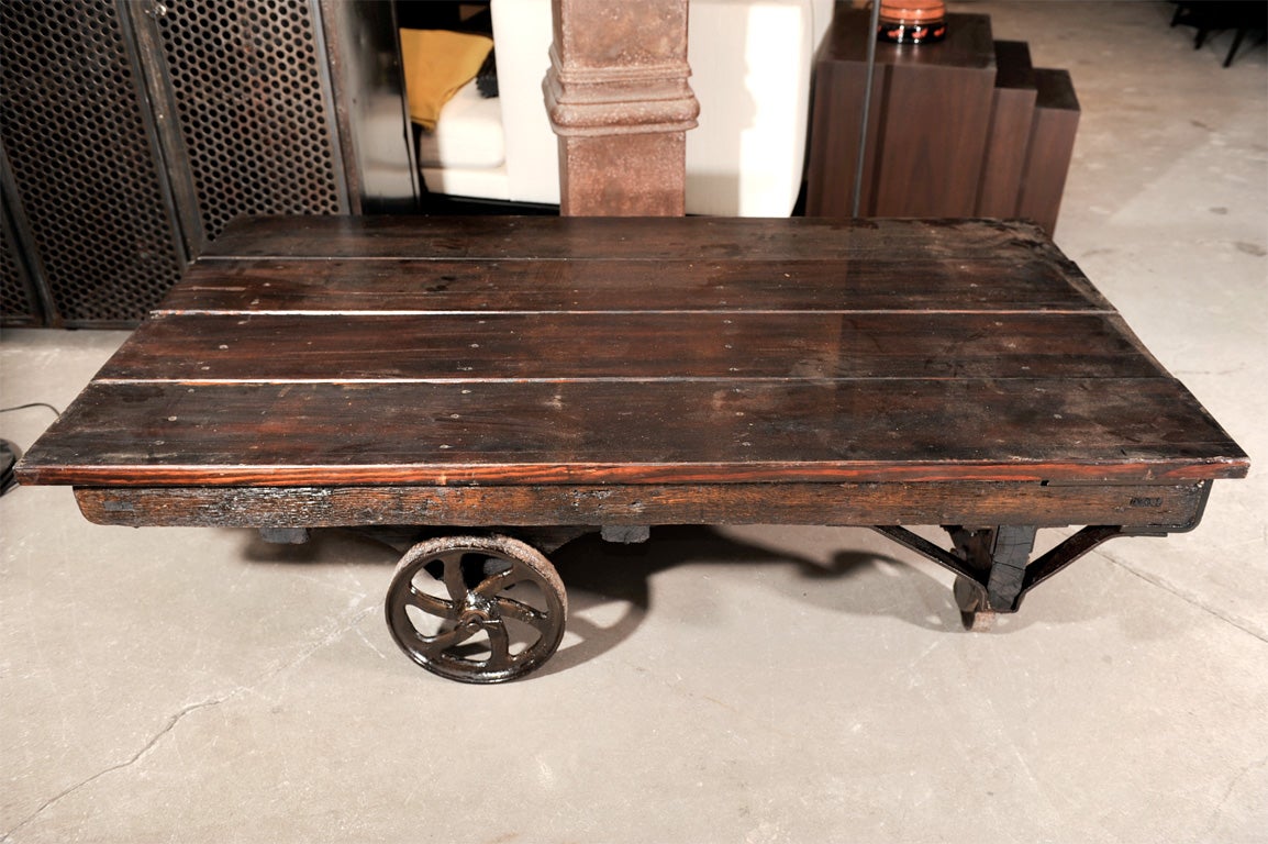 INDUSTRIAL LARGE CART ON WHEELS WITH ANTIQUE WOOD TOP 4