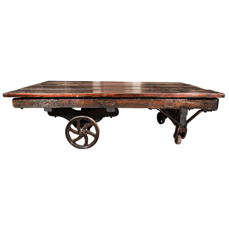 INDUSTRIAL LARGE CART ON WHEELS WITH ANTIQUE WOOD TOP