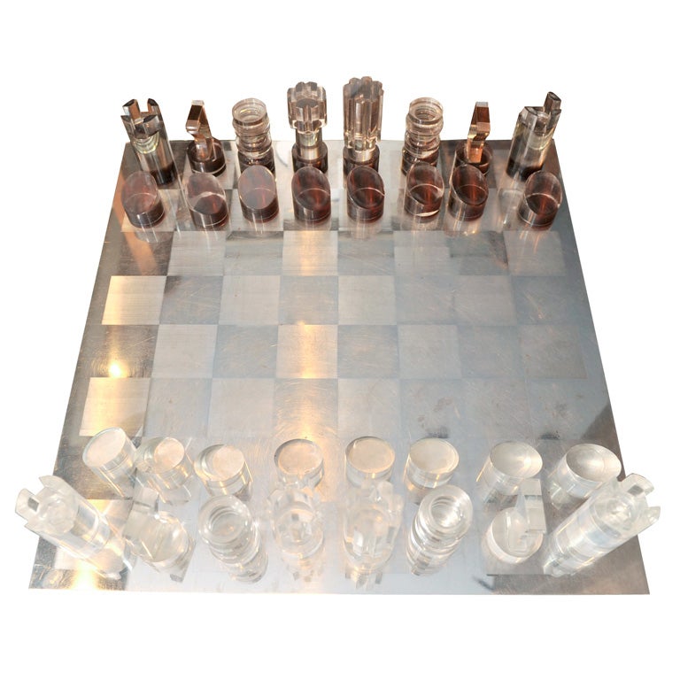 Lucite Chess Set by Michel Dumas on Stainless Board