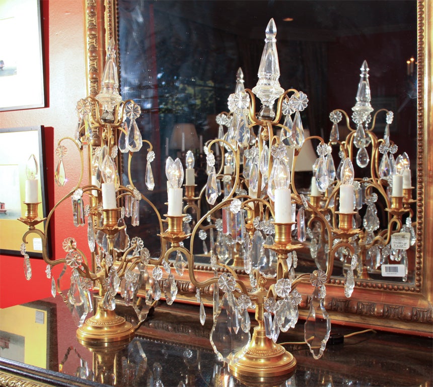 French Gilded Bronze and Crystal Girandoles, electrified.