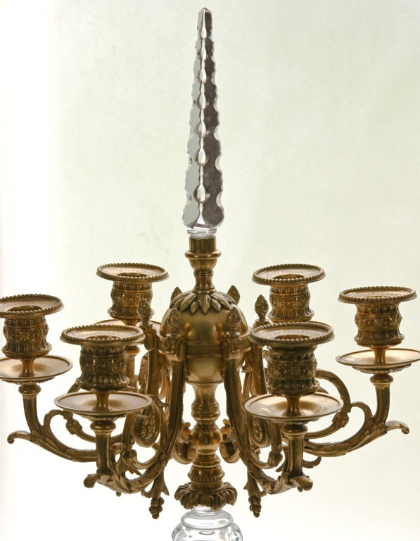 Pair of French Bronze D'ore and Cut Crystal Candelabra