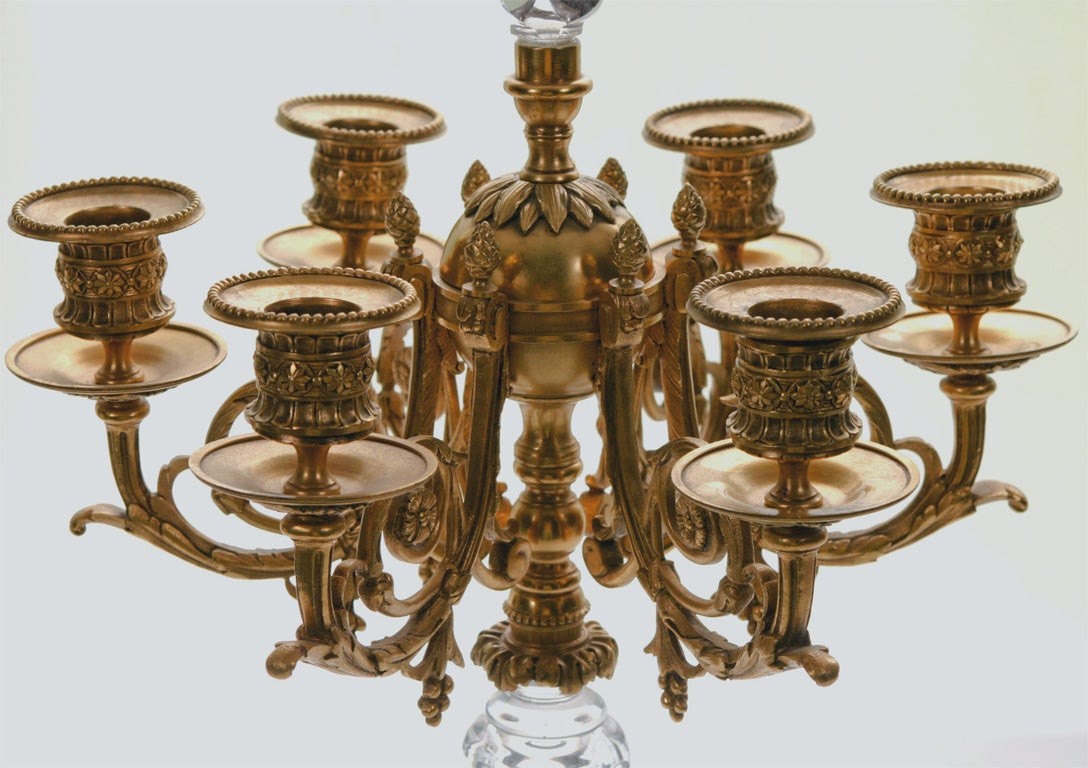 19th Century Pair of French Bronze D'ore and Cut Crystal Candelabra For Sale