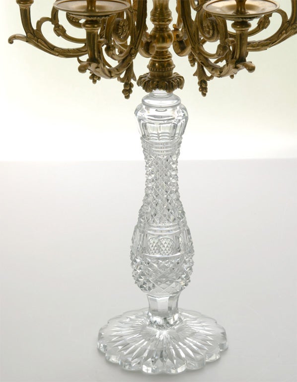 Pair of French Bronze D'ore and Cut Crystal Candelabra For Sale 2