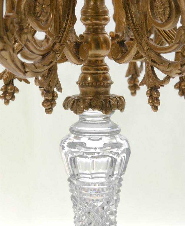 Pair of French Bronze D'ore and Cut Crystal Candelabra For Sale 4