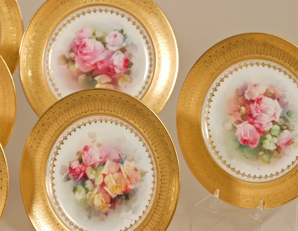 Gilt Magnificent Set of 12 Royal Doulton Hand Painted Signed Cabinet/Dessert Plates