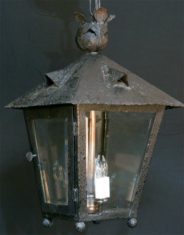 Early Iron Outdoor Hanging Lantern with Beveled Glass