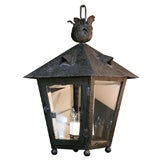 Antique Early Iron Outdoor Hanging Lantern with Beveled Glass