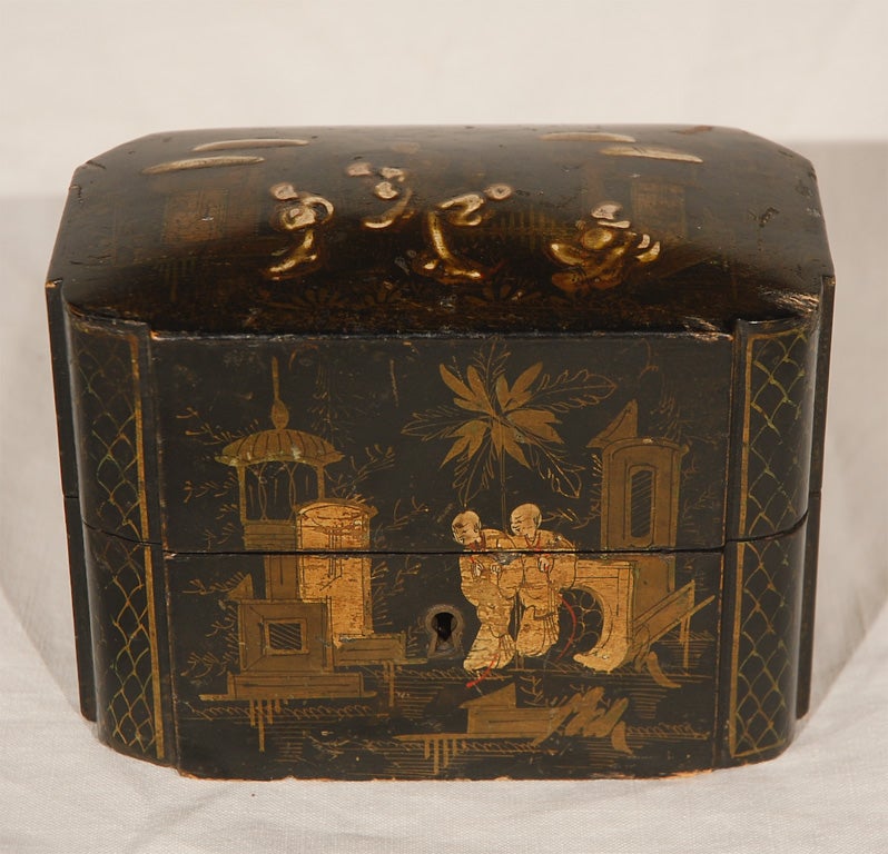 Charming Black lacquer and gold painted chinoiserie box.   Possibly antique tea caddy.
