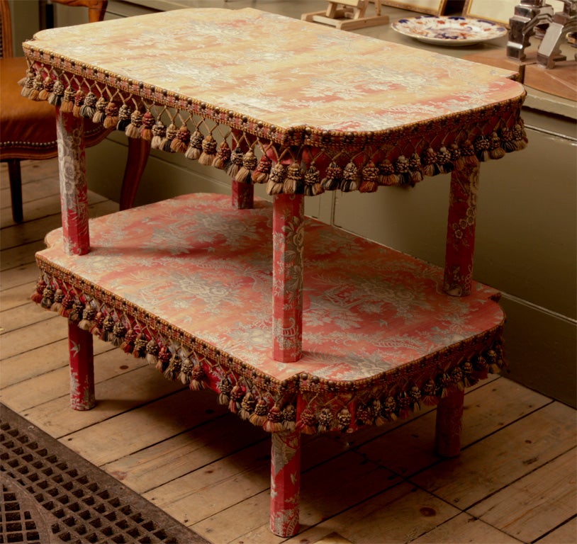 Red toile upholstered two-tier table