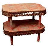 Red toile upholstered two-tier table