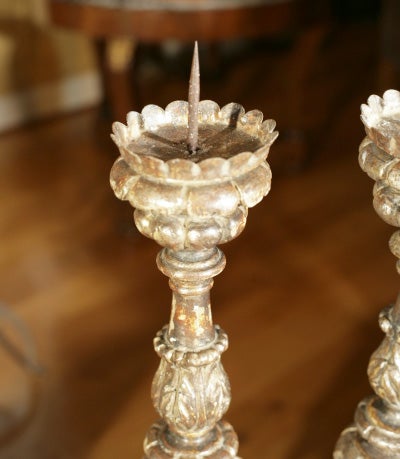 Italian Pair of Large Gilded Candlepricks For Sale