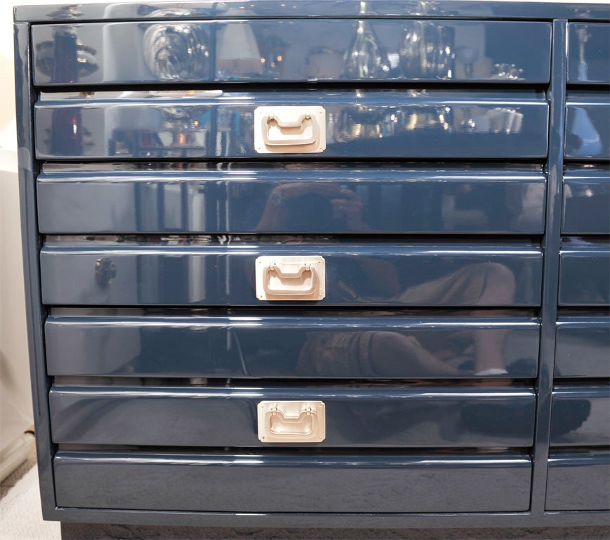 Fully restored fluted 6 drawer dresser custom lacquered in a high gloss midnight blue with satin nickel hardware. Visit Quotientnyc.com to view our complete collection.