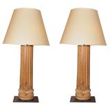 Pair of Fluted Pine Column Lamps