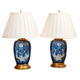 Pair Chinese Blue and White Lamps
