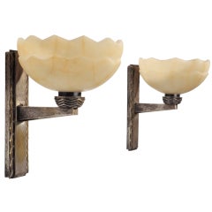 Pair of 1930s Alabaster and Silvered Bronze Sconces