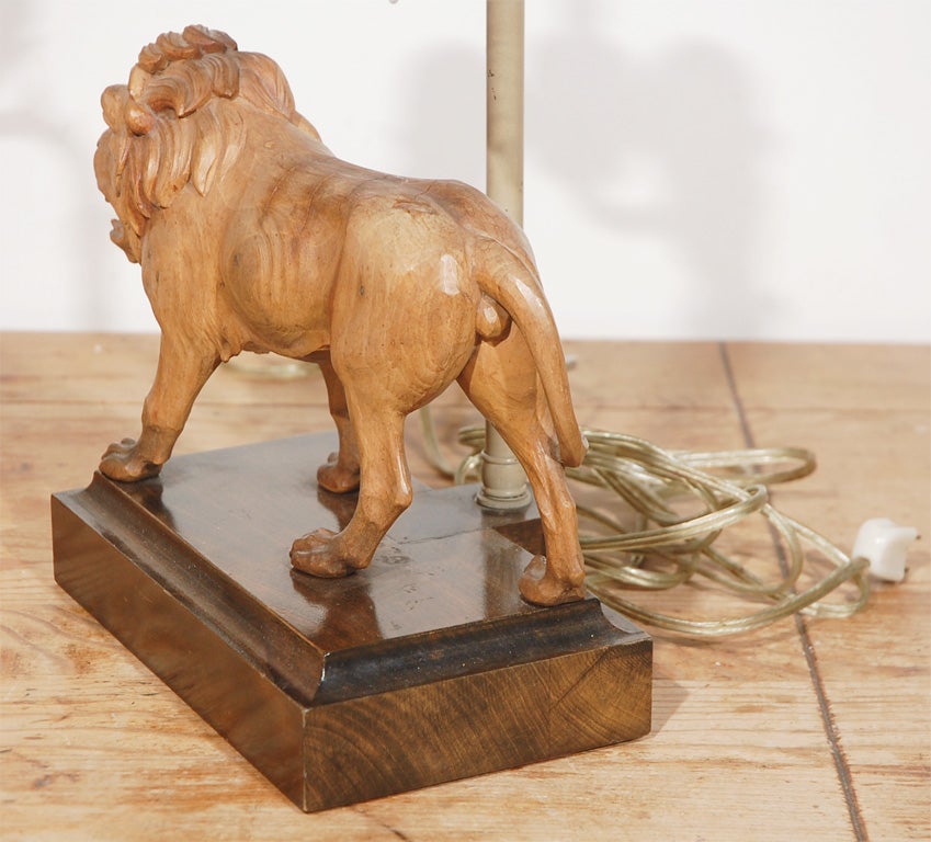 Unknown Old Wood Carved Lion Lamp with Suede Shade