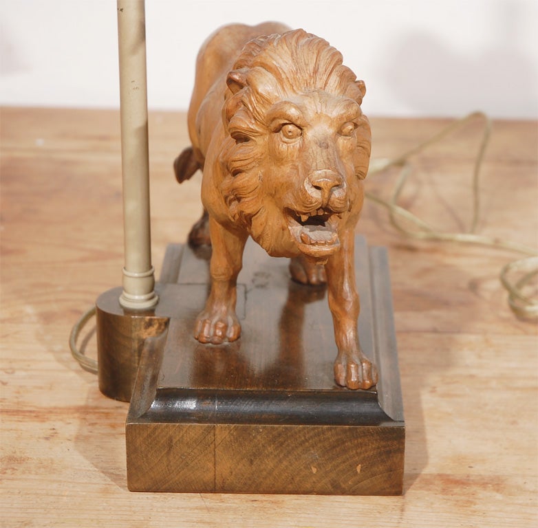 Old Wood Carved Lion Lamp with Suede Shade 1