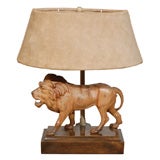 Old Wood Carved Lion Lamp with Suede Shade