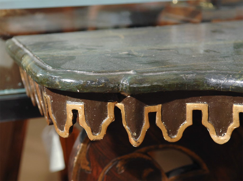 a pair of Baroque style carved, gilt wood, and painted console tables with figural (two headed eagle with crown above) support, continental