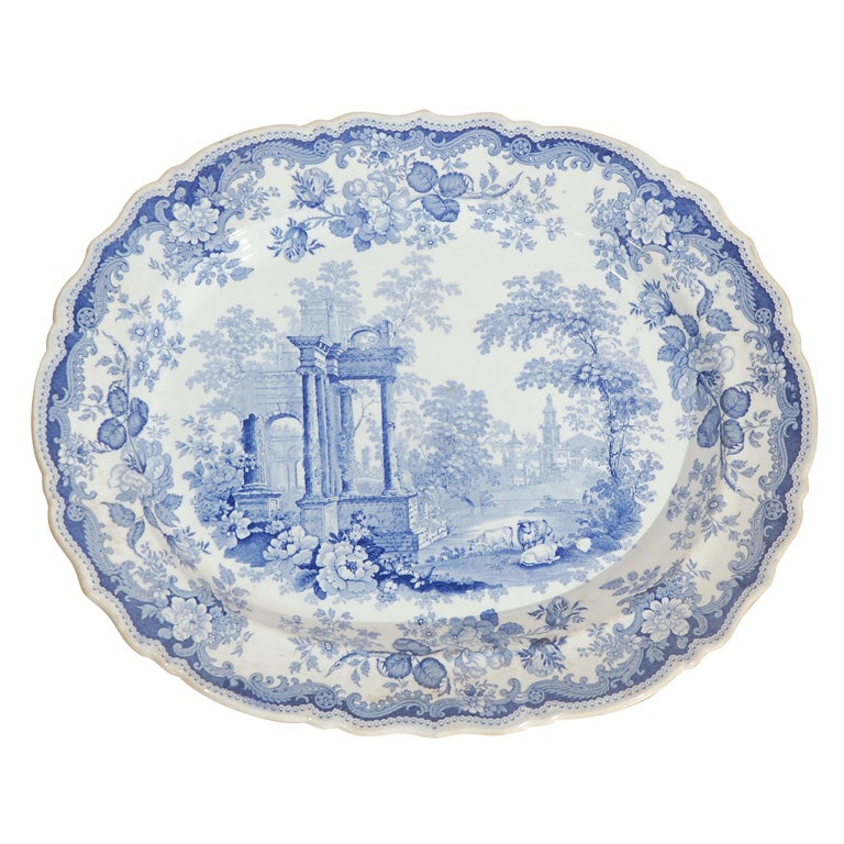 19th Century Blue & White Stoneware Platter, Athens