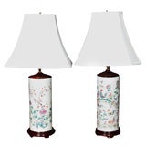 Pair antique Chinese porcelain cap stands made into lamps.