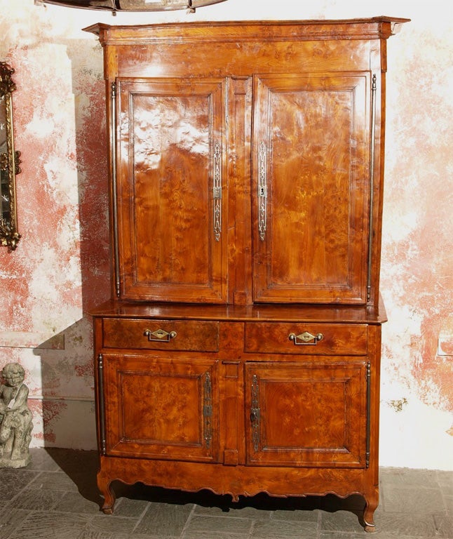 Antique French burled ash buffet a deux corps.