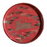 Japanese Art Deco Red Lacquer & Inlaid Silver Rabbit Tray