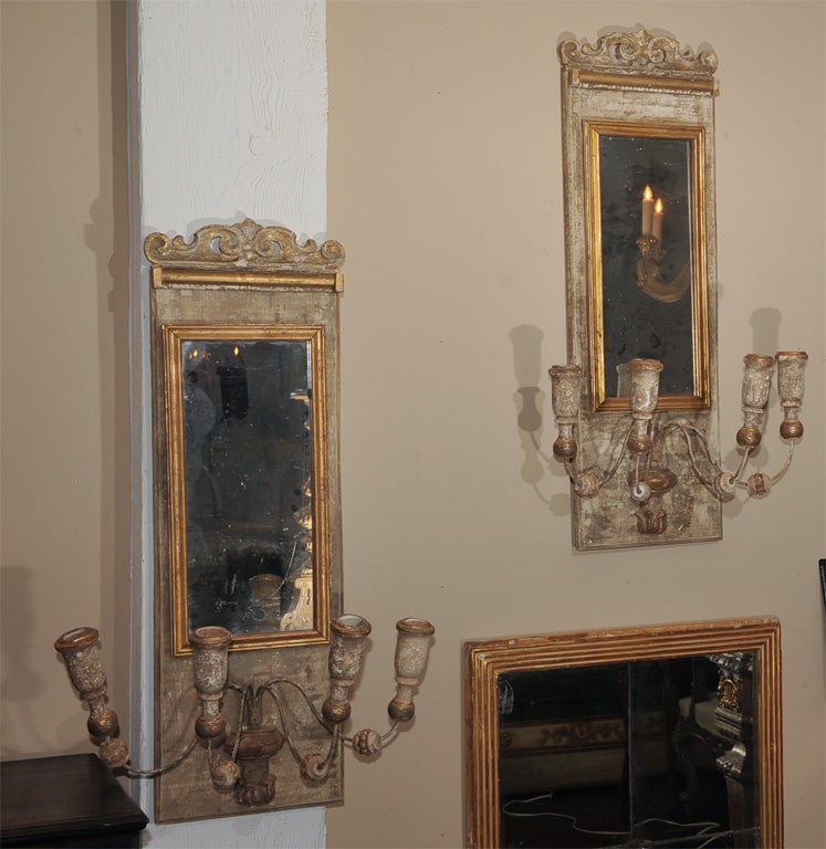 Pair of French Paint and Parcel Gilt Mirrored Wall Sconces