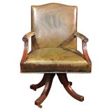 Green Leather and Mahogany Revolving Desk Chair