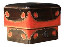 Antique Japanese lacquered wood box with puppy design