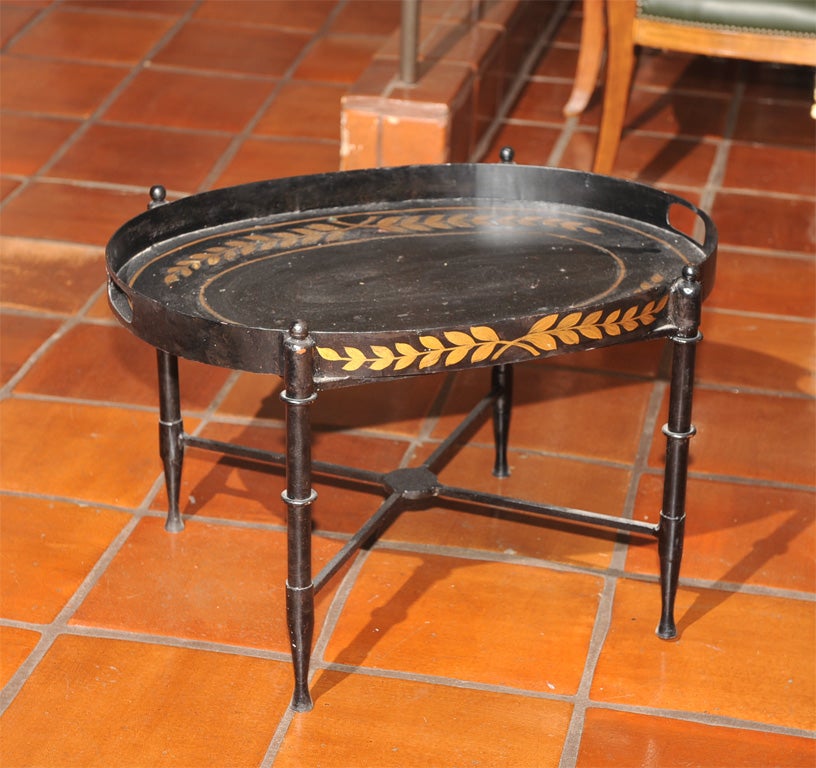 Metal Neoclassical Style Tôle Painted Tray Mounted to Stand For Sale