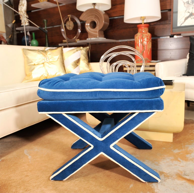 Blue, beautiful velvet x-bench. This bench is sold, but we have one more for upholstery.