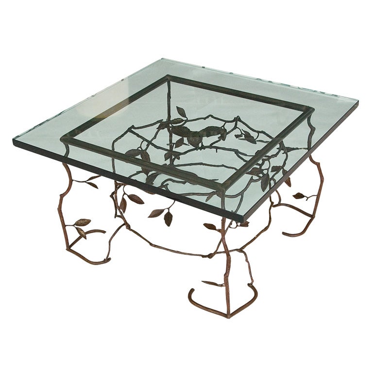 Patinated Brass "Bird and Twig" Table with Glass Top