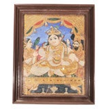 Antique Krishna w/ Consorts Glass Painting w/ Gold Emboss